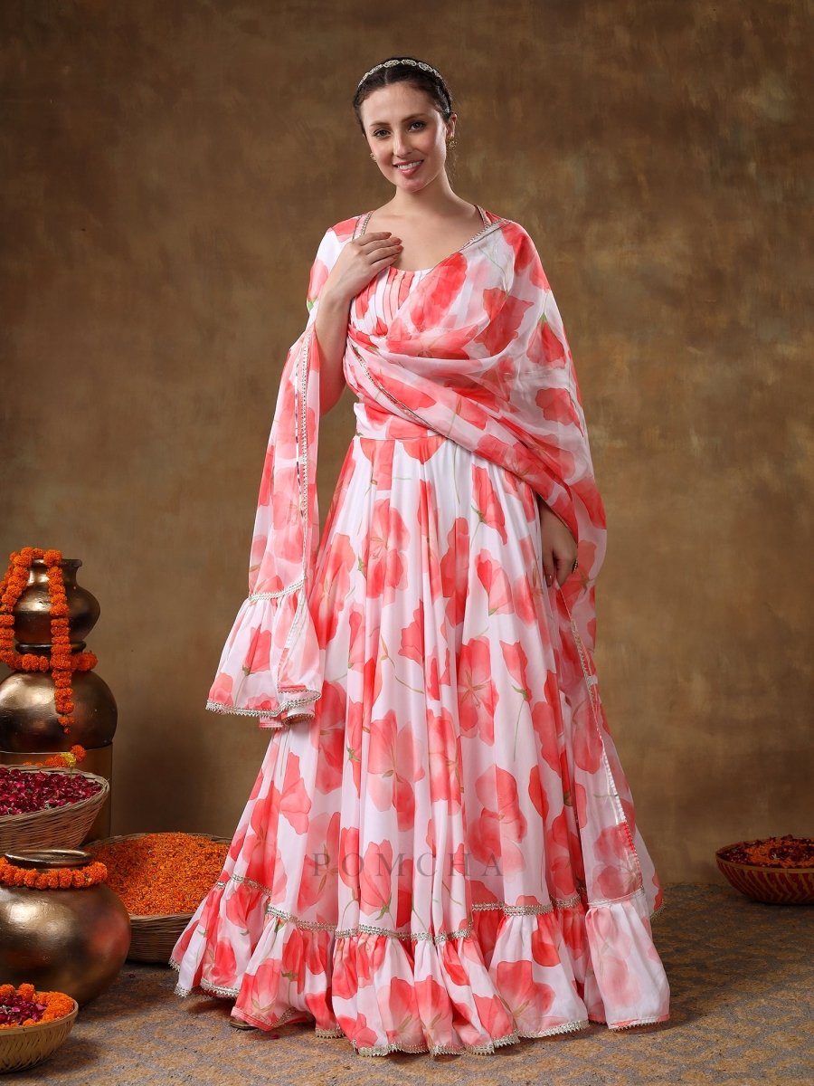 MERAKI ORANGE FLOWER PRINTED MUSLIN GOTTA LACE WORK LEHENGA WITH ORGANZA DUPATTA - Pomcha Jaipur