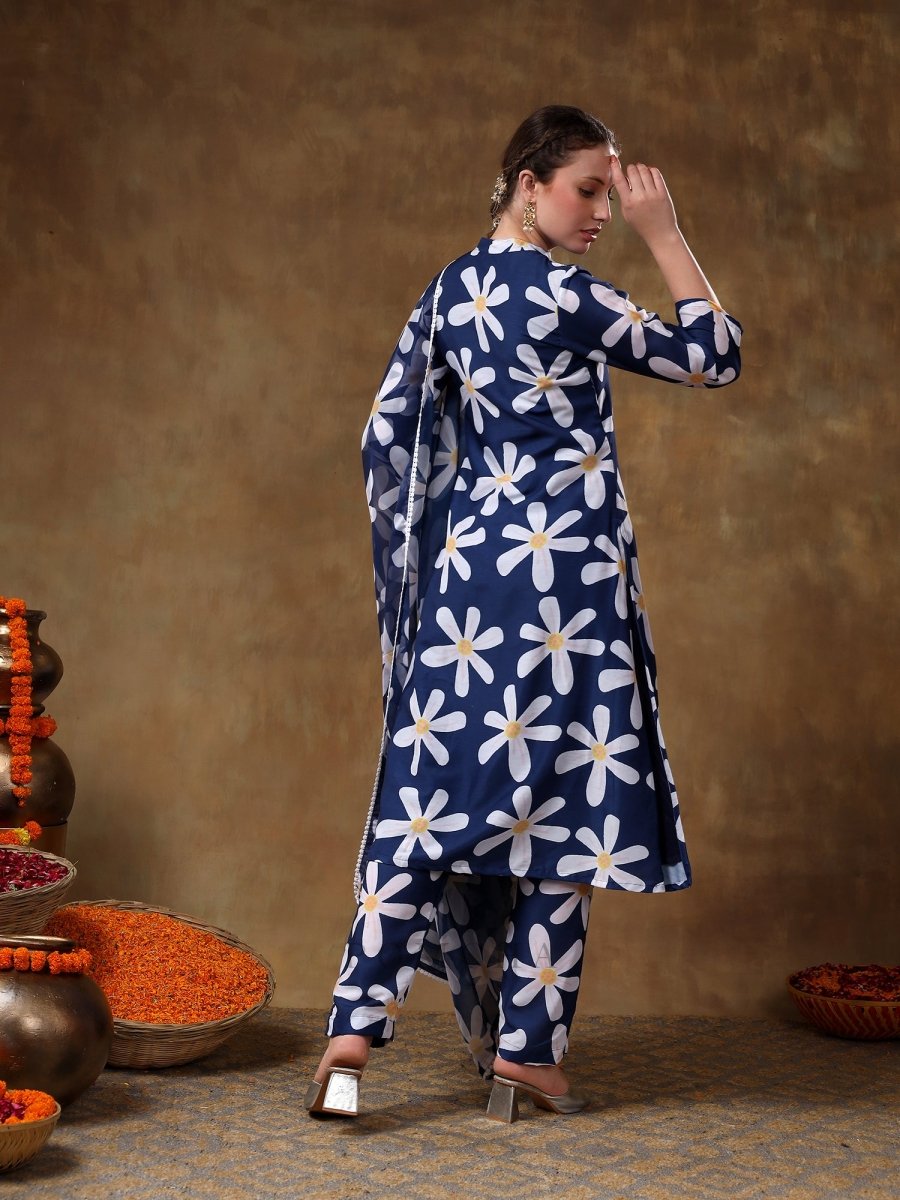 MERAKI WHITE FLOWER BLUE MUSLIN KURTA SET WITH ORGANZA DUPATTA - Pomcha Jaipur