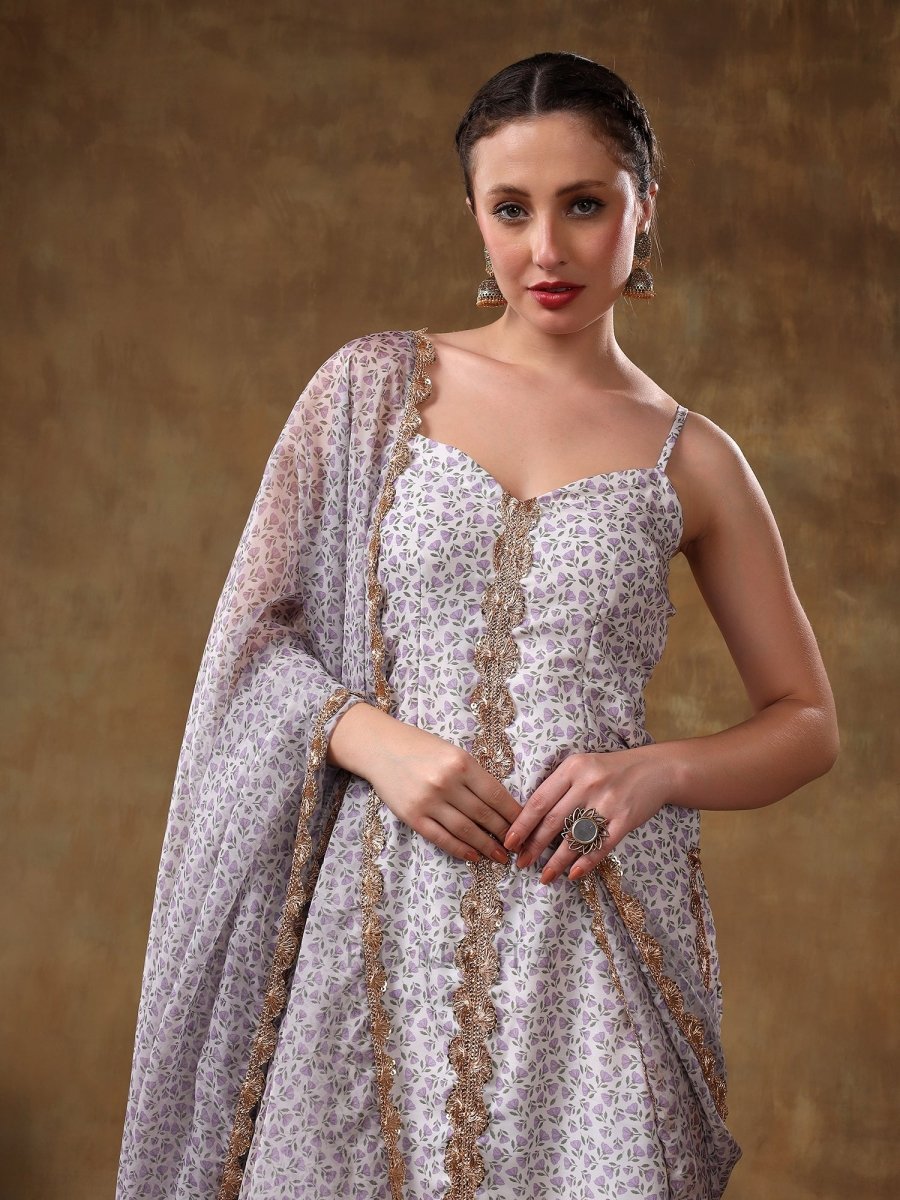 MERAKI ZEENAT GOTTA LACE WORK LAVENDER FLORAL KURTA SET WITH ORGANZA DUPATTA - Pomcha Jaipur