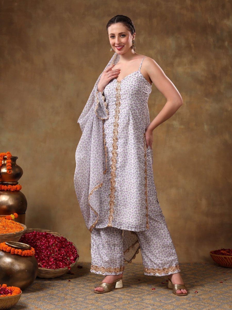 MERAKI ZEENAT GOTTA LACE WORK LAVENDER FLORAL KURTA SET WITH ORGANZA DUPATTA - Pomcha Jaipur