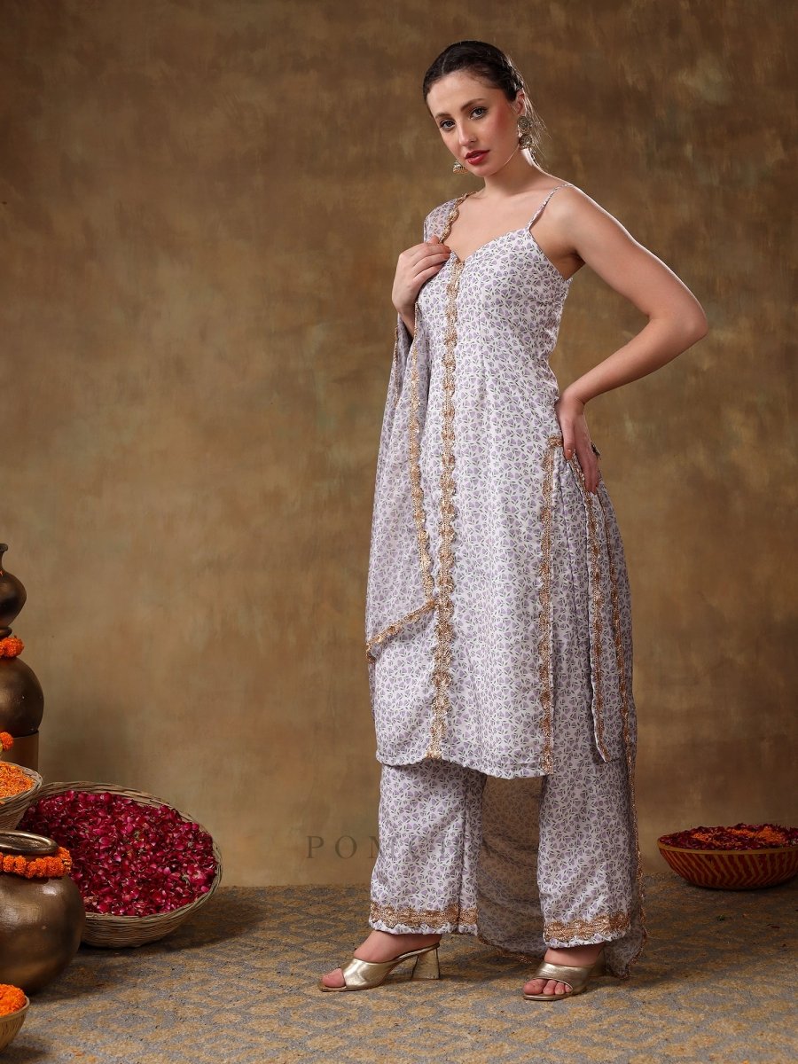 MERAKI ZEENAT GOTTA LACE WORK LAVENDER FLORAL KURTA SET WITH ORGANZA DUPATTA - Pomcha Jaipur