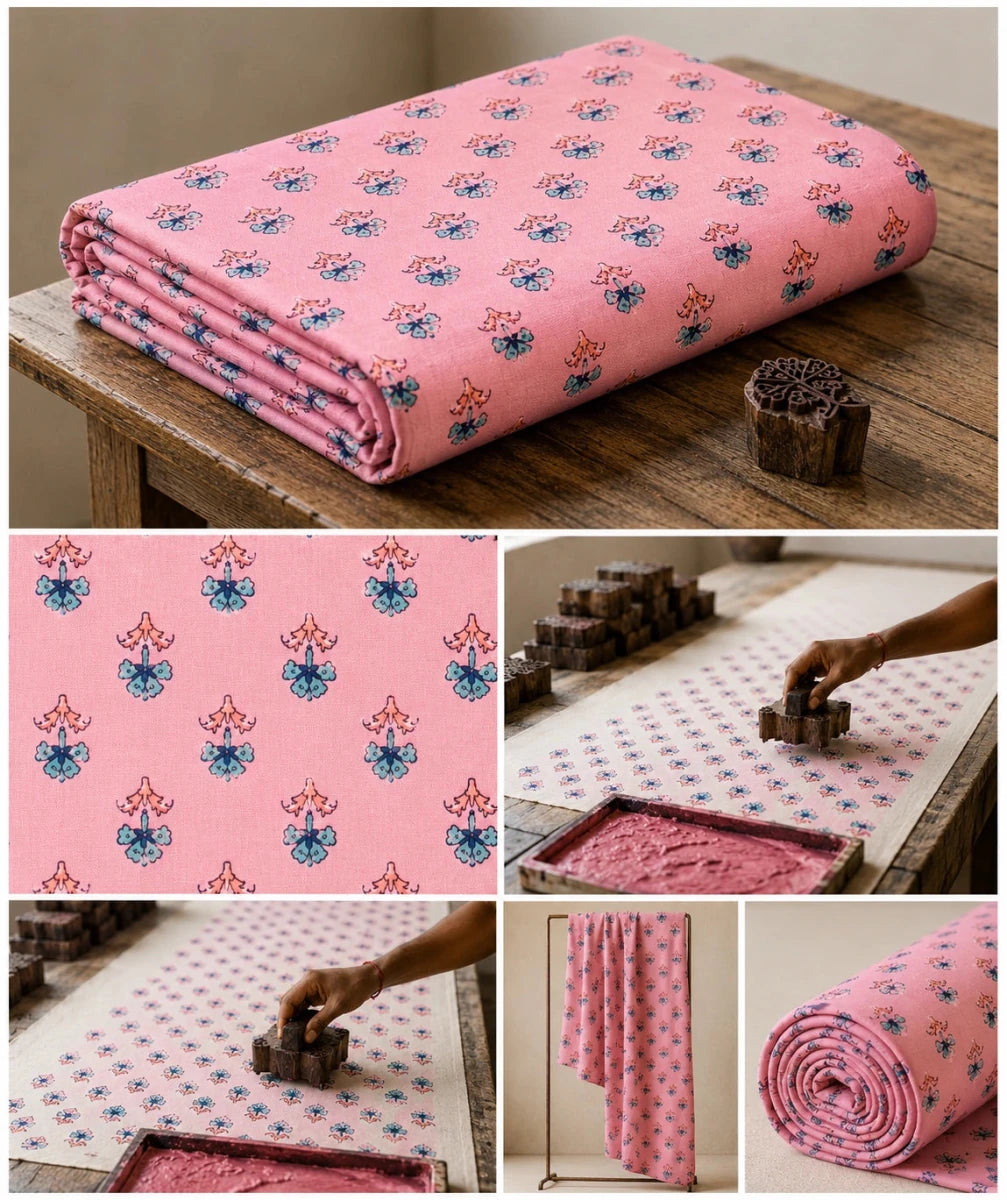 PINK FLORA HAND BLOCK PRINT FABRIC - Pomcha Jaipur