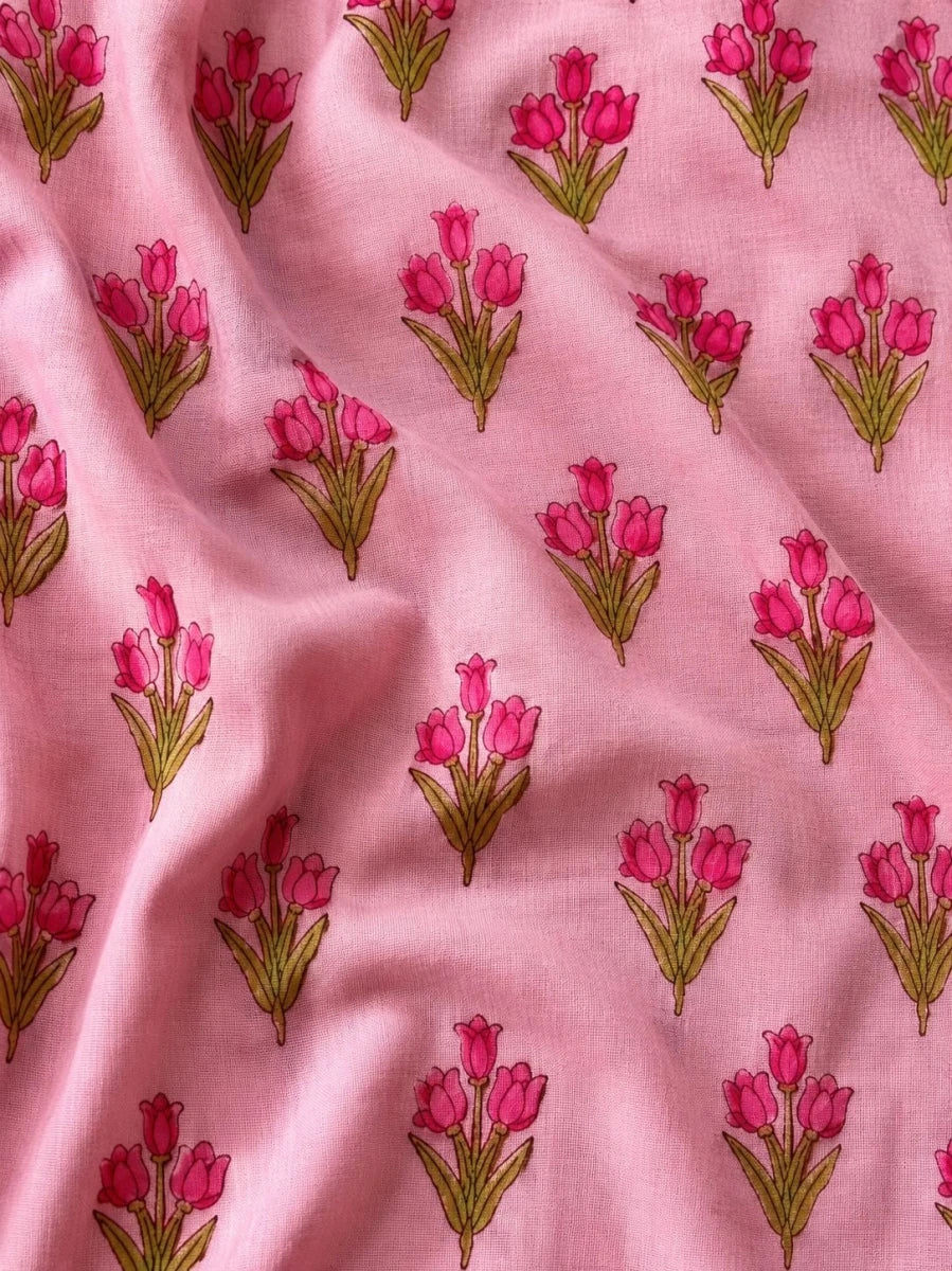 PINK FLORAL HAND BLOCK PURE COTTON FABRIC - Pomcha Jaipur