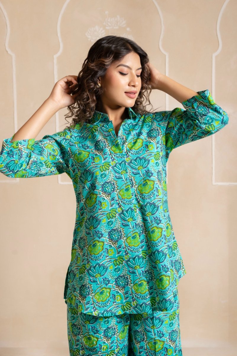 RANG MALHAAR BLUE HAND BLOCK COTTON CO - ORD SET - Pomcha Jaipur
