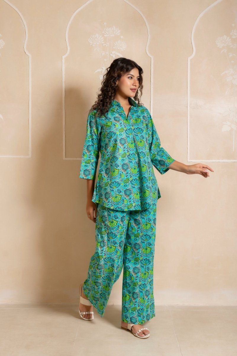 RANG MALHAAR BLUE HAND BLOCK COTTON CO - ORD SET - Pomcha Jaipur