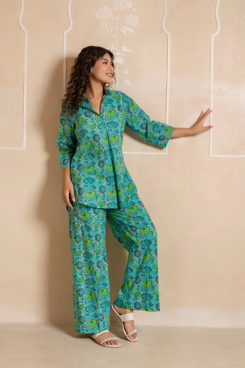 RANG MALHAAR BLUE HAND BLOCK COTTON CO - ORD SET - Pomcha Jaipur