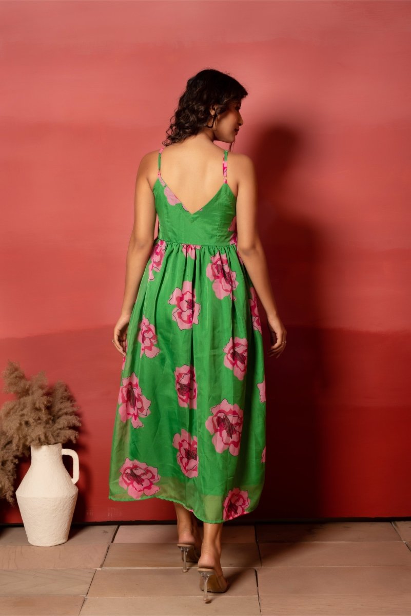 RANG MALHAAR GREEN CARNATION FLORAL PRINT ORGANZA DRESS - Pomcha Jaipur
