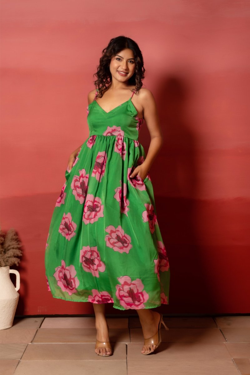 RANG MALHAAR GREEN CARNATION FLORAL PRINT ORGANZA DRESS - Pomcha Jaipur
