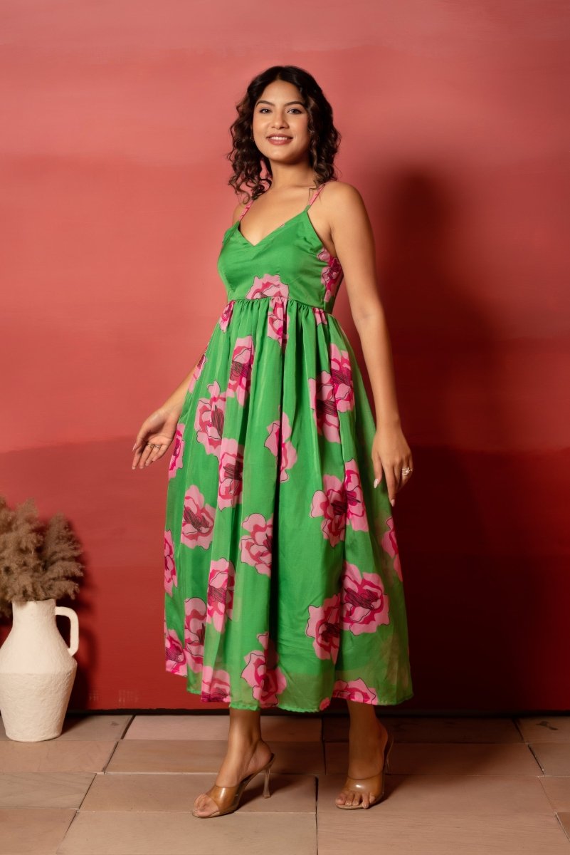 RANG MALHAAR GREEN CARNATION FLORAL PRINT ORGANZA DRESS - Pomcha Jaipur