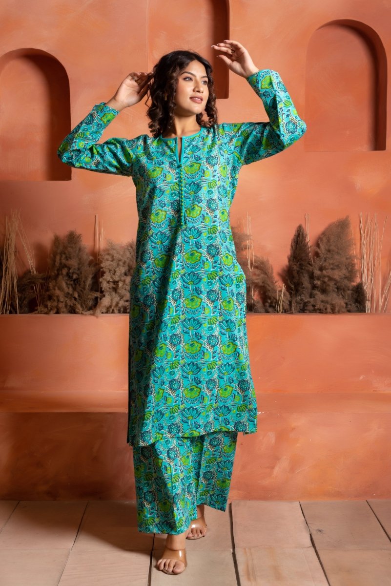 RANG MALHAAR LEHAR BLUE HAND BLOCK CO - ORD SET - Pomcha Jaipur