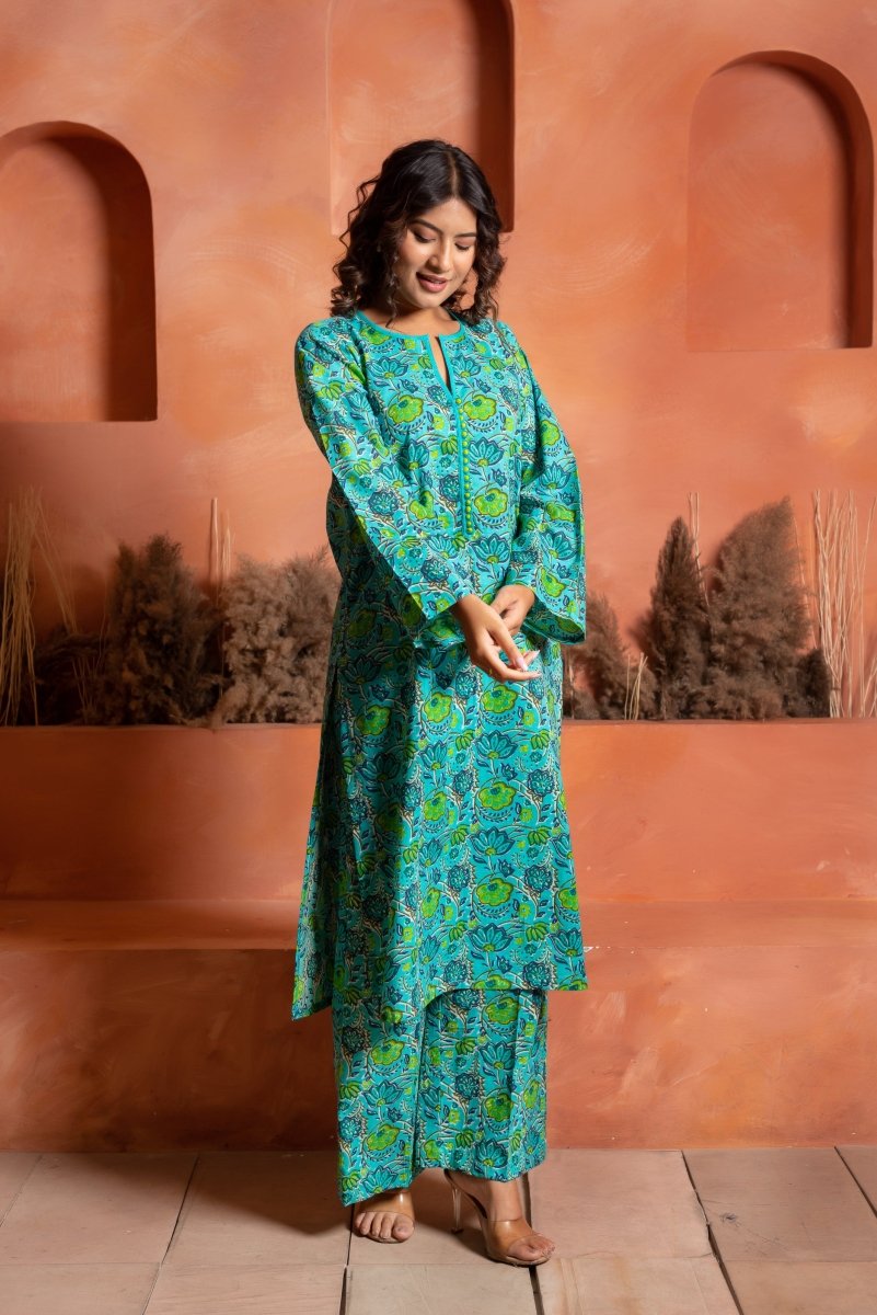 RANG MALHAAR LEHAR BLUE HAND BLOCK CO - ORD SET - Pomcha Jaipur