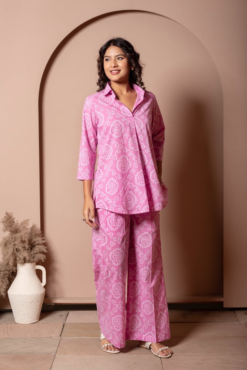 RANG MALHAAR LIGHT PINK BANDHEJ COTTON CO - ORD SET - Pomcha Jaipur