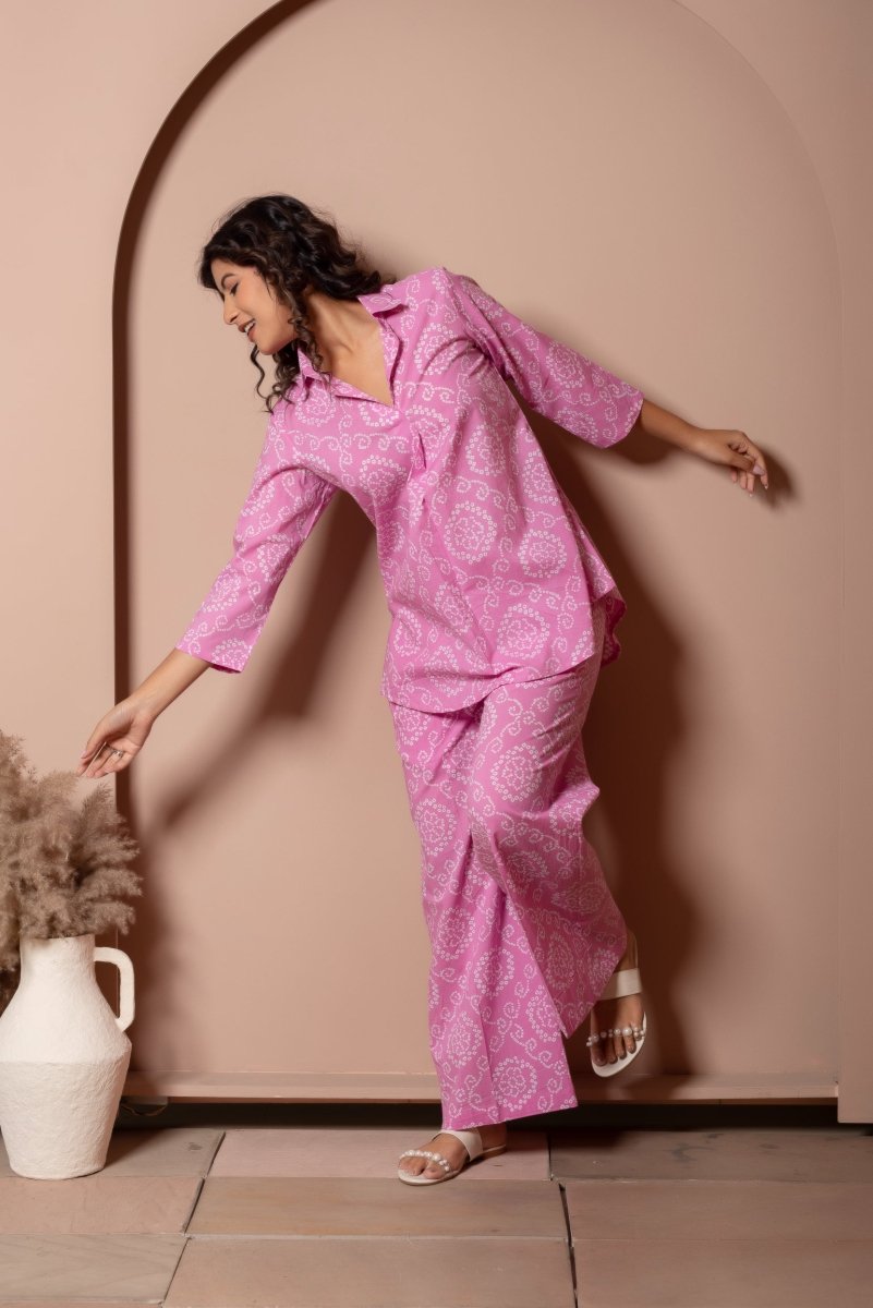 RANG MALHAAR LIGHT PINK BANDHEJ COTTON CO - ORD SET - Pomcha Jaipur