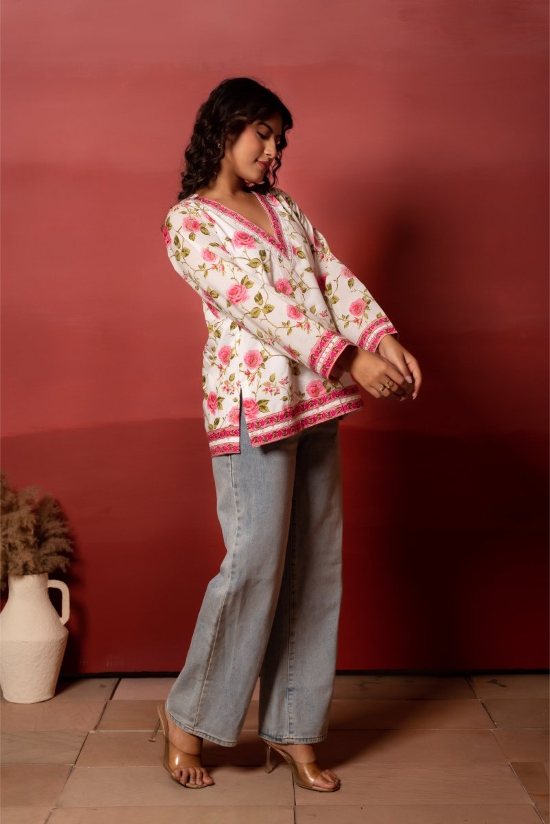 RANG MALHAAR PINK PHOOL COTTON SHORT KURTI - Pomcha Jaipur