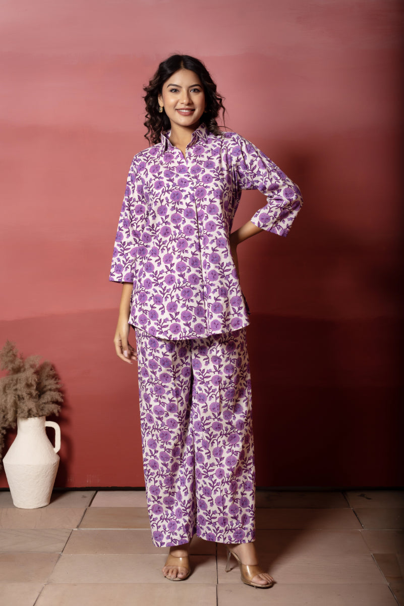 RANG MALHAAR PURPLE HAND BLOCK COTTON CO - ORD SET - Pomcha Jaipur