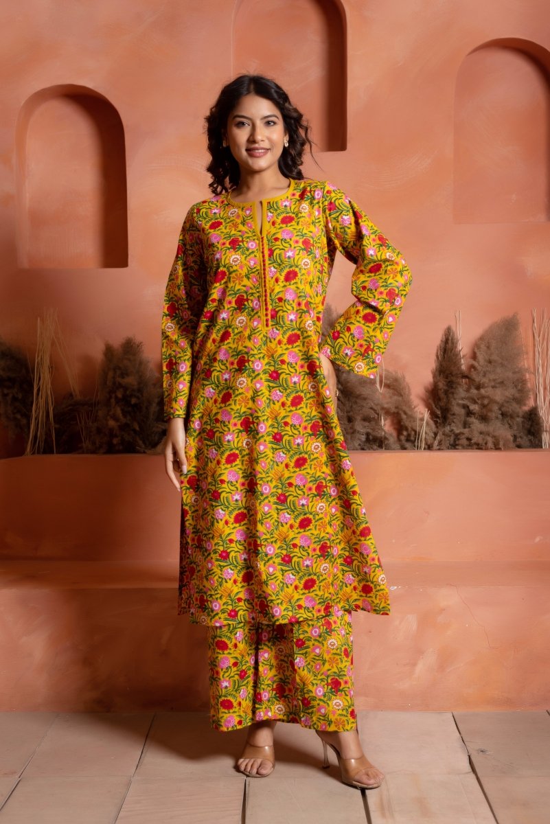 RANG MALHAAR ROSHNI YELLOW HAND BLOCK CO - ORD SET - Pomcha Jaipur
