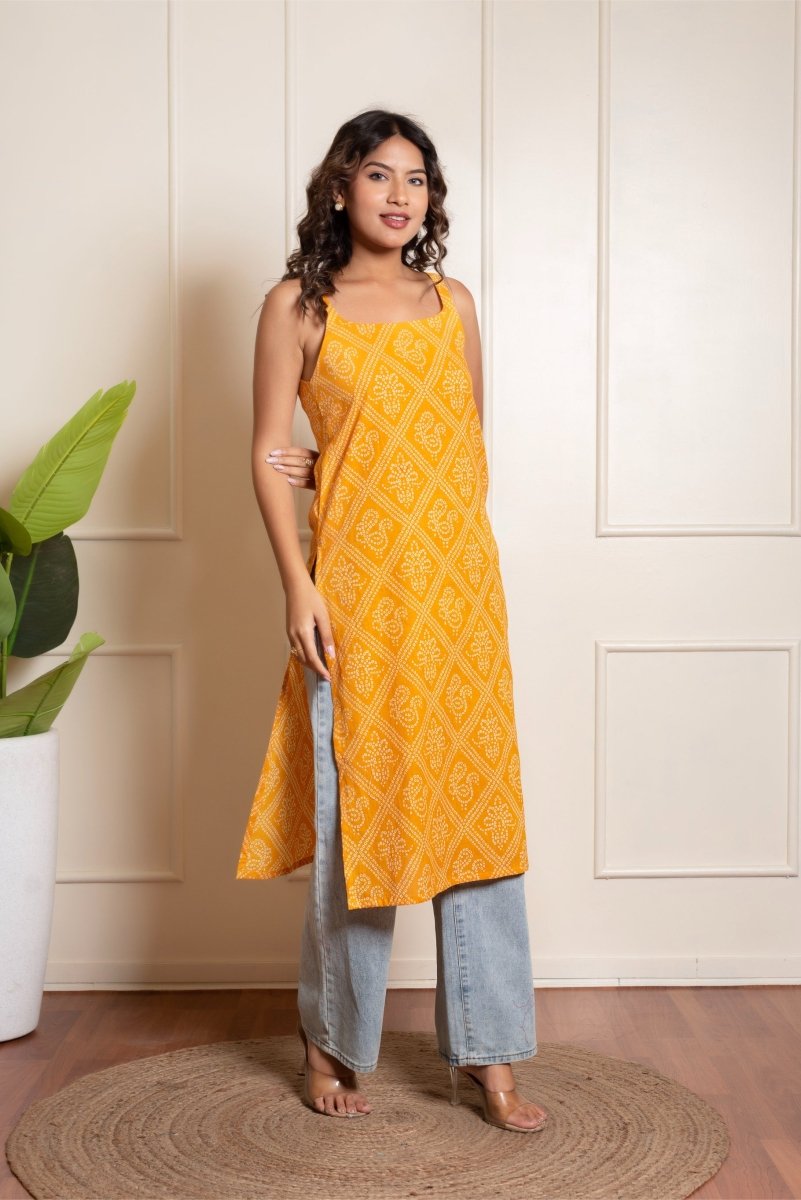 RANG MALHAR BANDHEJ YELLOW KURTI - Pomcha Jaipur