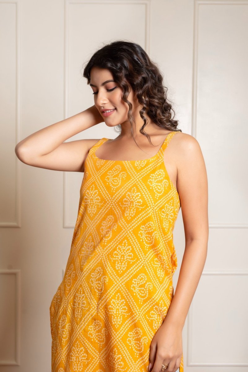 RANG MALHAR BANDHEJ YELLOW KURTI - Pomcha Jaipur