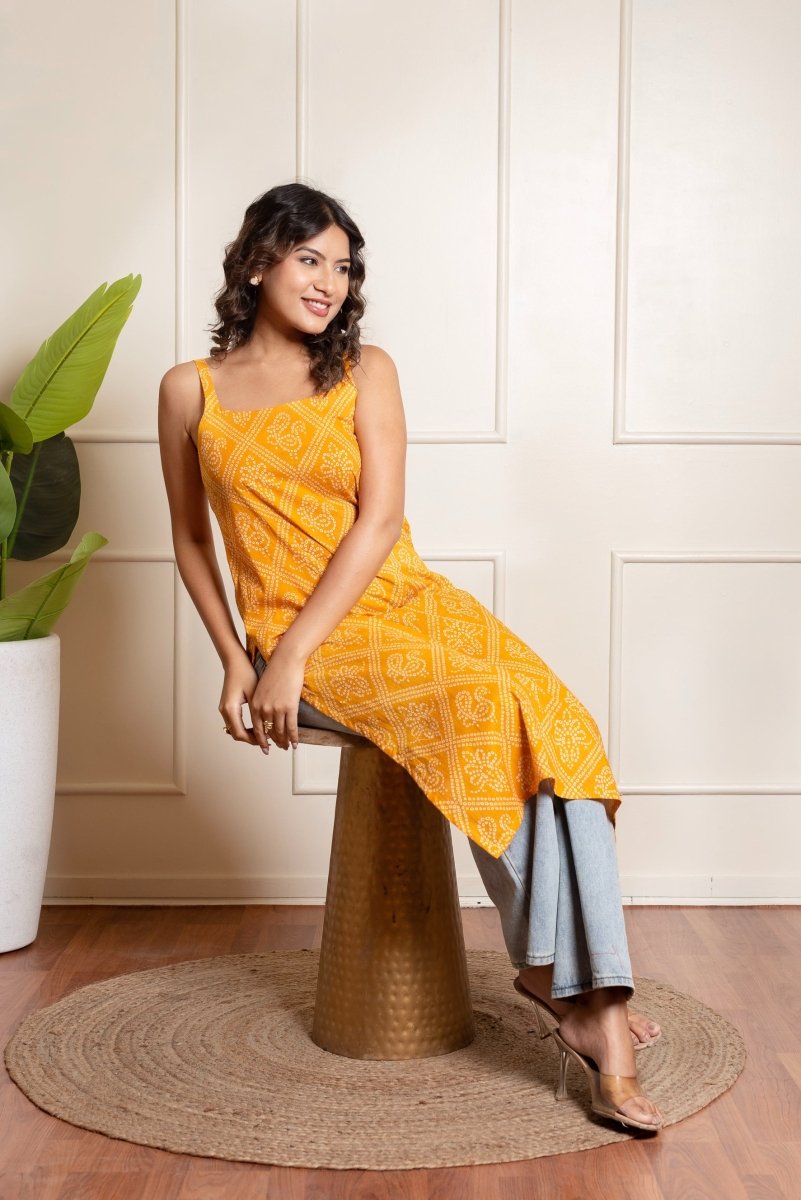 RANG MALHAR BANDHEJ YELLOW KURTI - Pomcha Jaipur