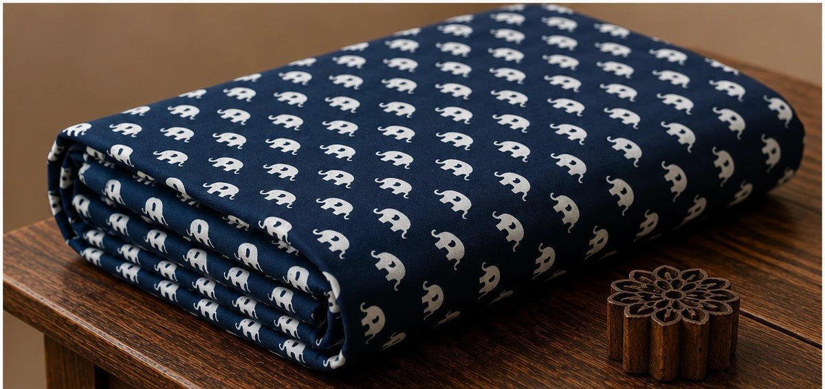 ROYAL BLUE HAND BLOCK ELEPHANT BUTI PRINT COTTON FABRIC - Pomcha Jaipur