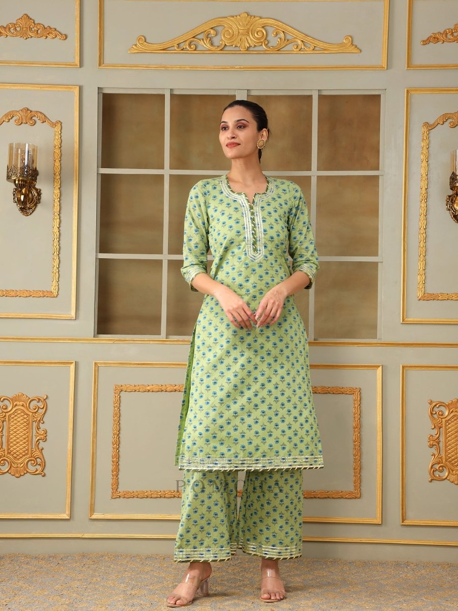 SAADGI BLUE PAISLEY GREEN STRAIGHT SUIT SET - Pomcha Jaipur