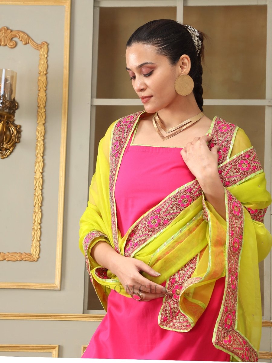 SAADGI GULABI LACE PINK STRAIGHT SUIT SET - Pomcha Jaipur