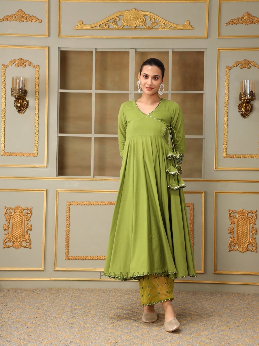 SAADGI MEHENDI GREEN MIRROR WORK ANGRAKHA SET - Pomcha Jaipur