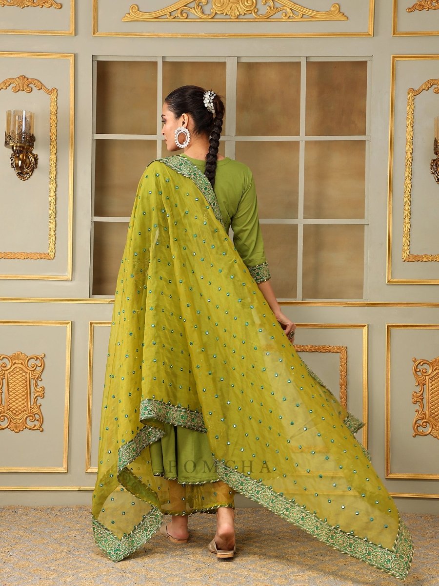 SAADGI MEHENDI GREEN MIRROR WORK ANGRAKHA SET - Pomcha Jaipur