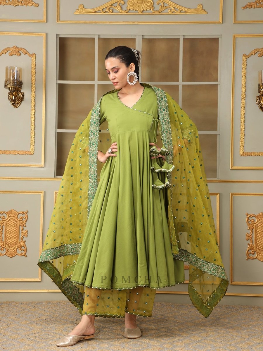 SAADGI MEHENDI GREEN MIRROR WORK ANGRAKHA SET - Pomcha Jaipur