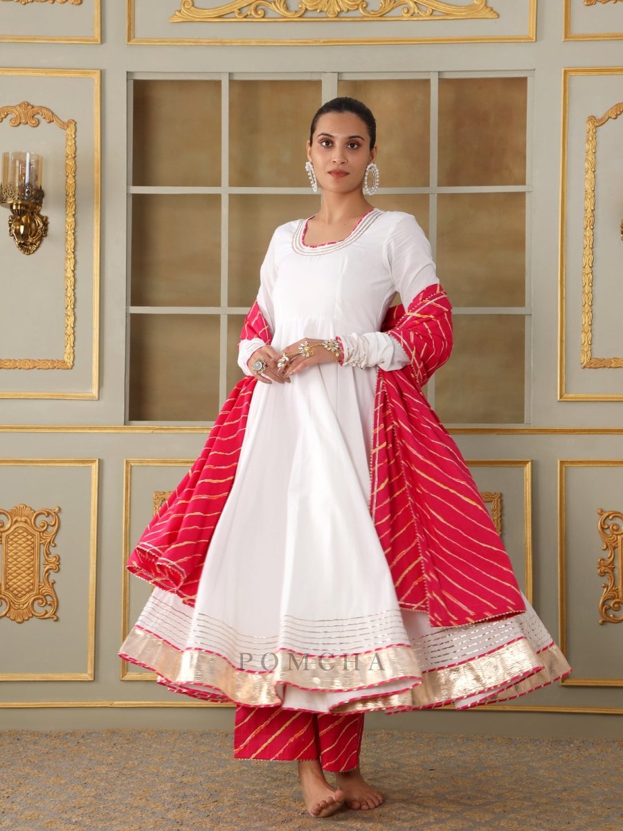 Pomcha Jaipur Saadgi Pink Leheriya White Anarkali Kurta Suit Set | Indian Ethnic Outfits
