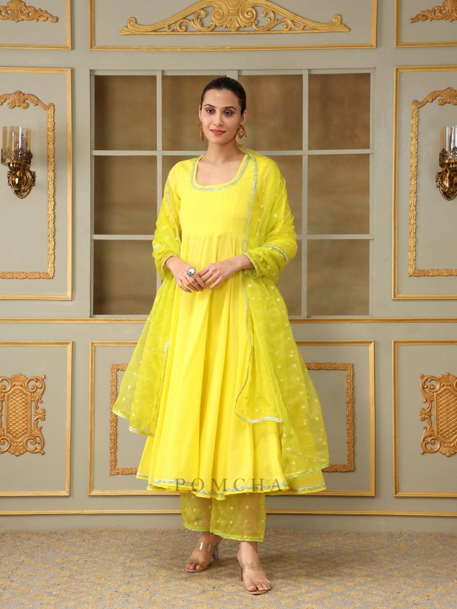 slim fit dress slacks SAADGI YELLOW MIRROR WORK ANARKALI SET