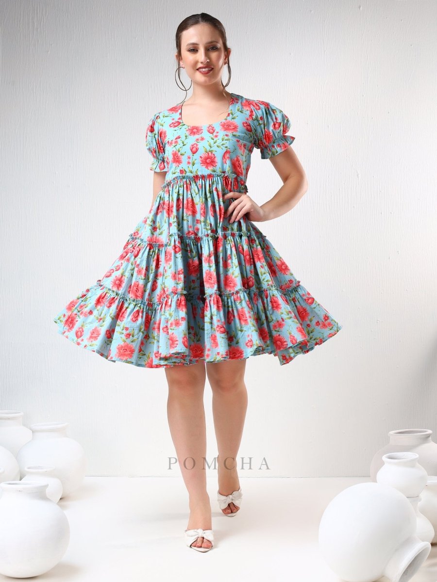 SADABHAR BLUE FLORAL PRINT COTTON TIERED DRESS - Pomcha Jaipur