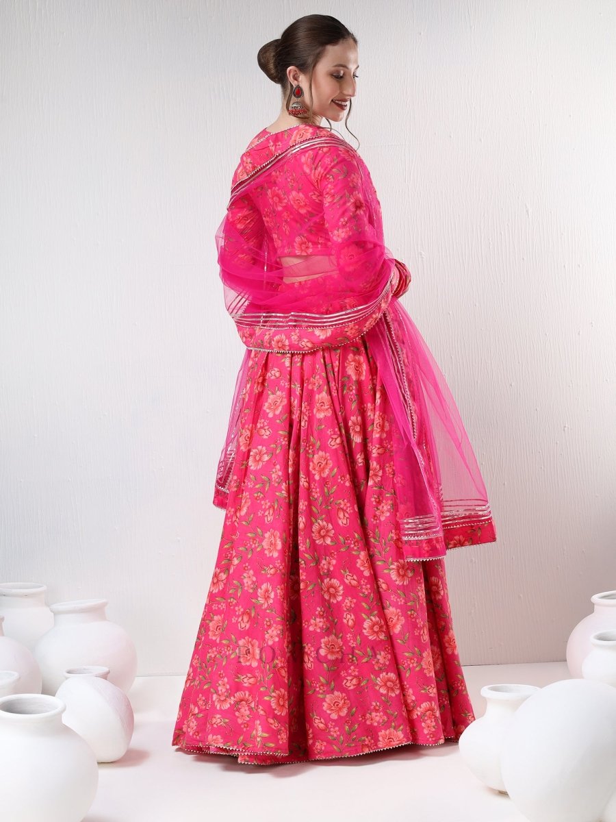 SADABHAR DARK PINK FLORAL PRINT COTTON LEHENGA SET - Pomcha Jaipur