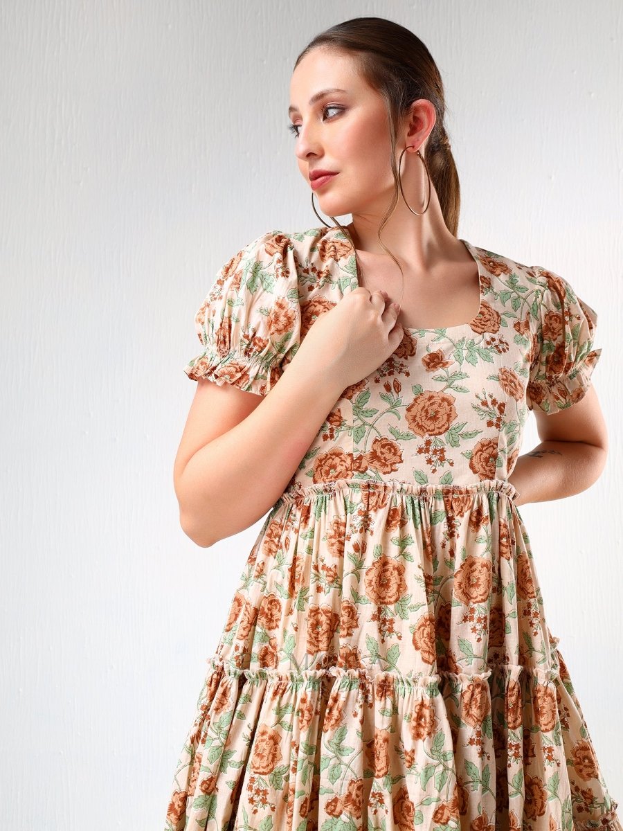 SADABHAR LIGHT BROWN FLORAL PRINT COTTON TIERED DRESS - Pomcha Jaipur