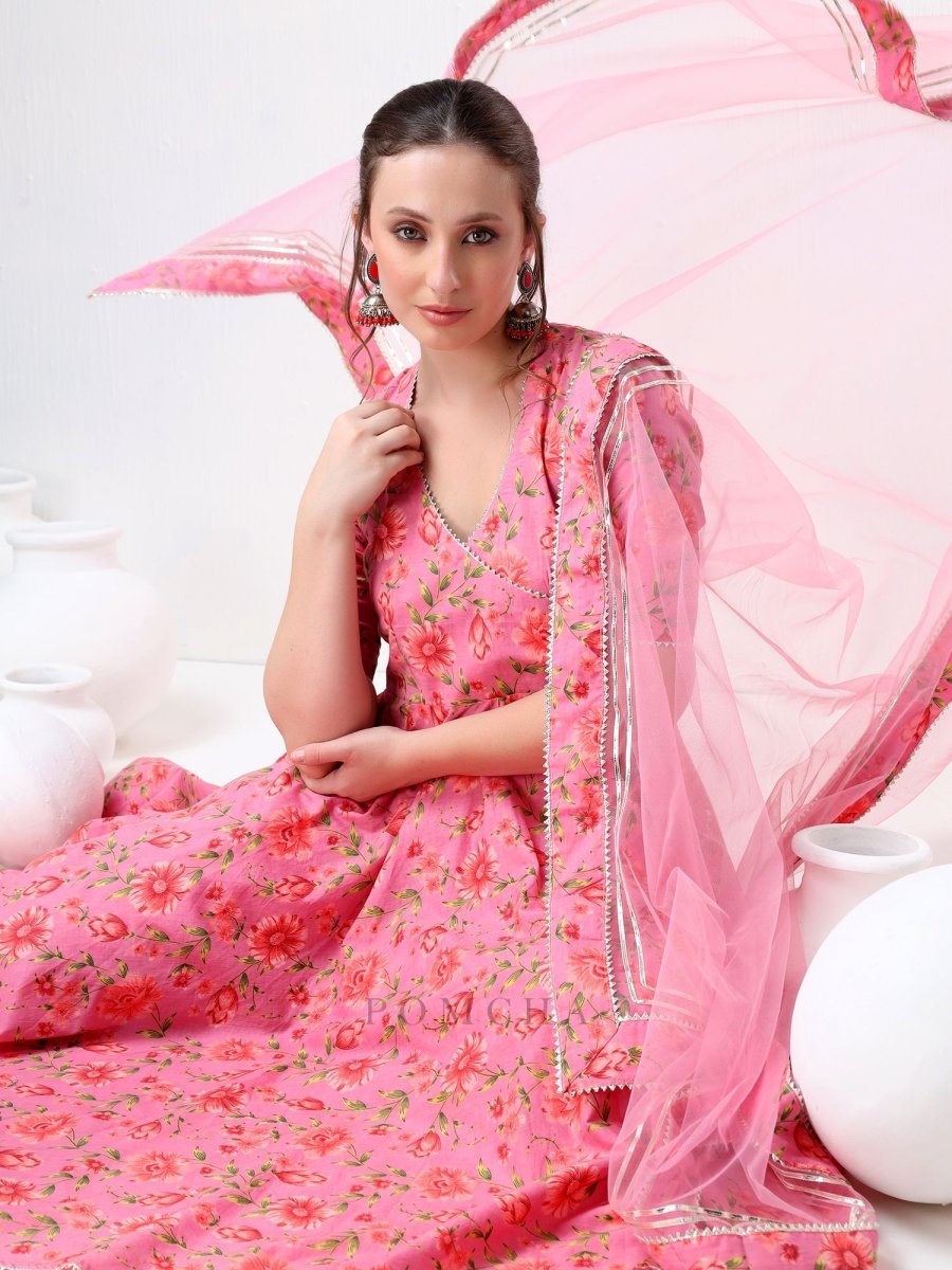 SADABHAR PINK FLORAL PRINT COTTON ANGRAKHA SET - Pomcha Jaipur