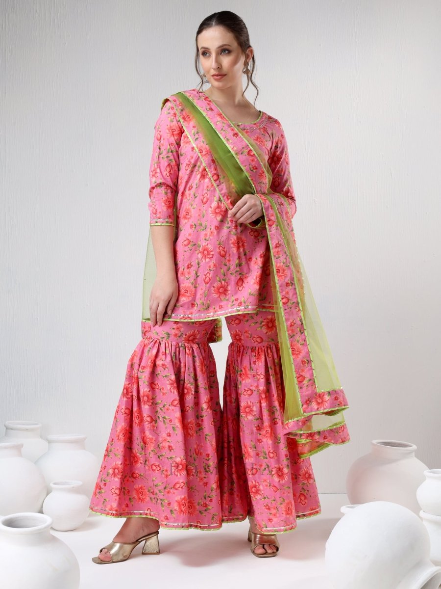 SADABHAR PINK FLORAL PRINT COTTON SHARARA SET - Pomcha Jaipur