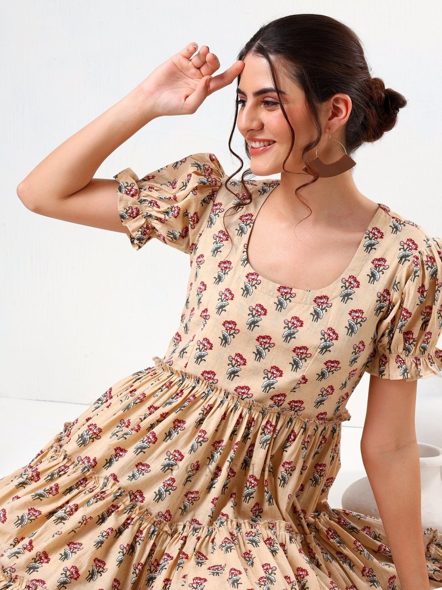 SADABHAR SAND FLORAL PRINT COTTON TIERED DRESS - Pomcha Jaipur