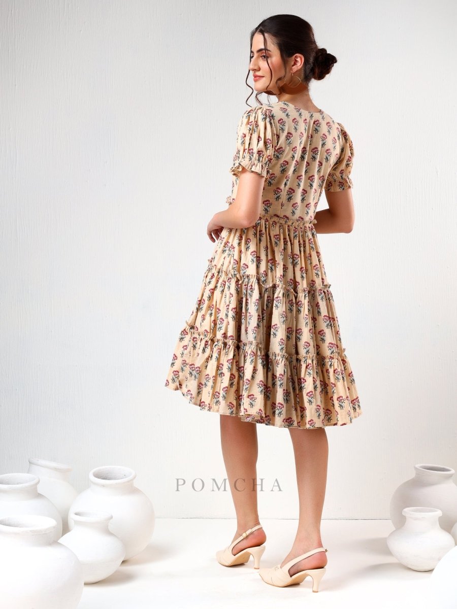 SADABHAR SAND FLORAL PRINT COTTON TIERED DRESS - Pomcha Jaipur