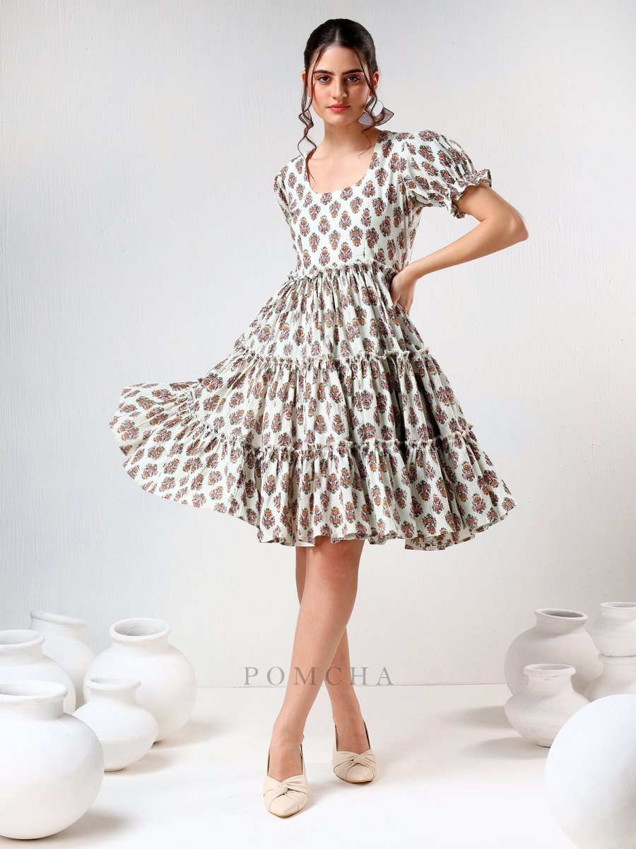 SADABHAR WHITE FLORAL PRINT COTTON TIERED DRESS - Pomcha Jaipur