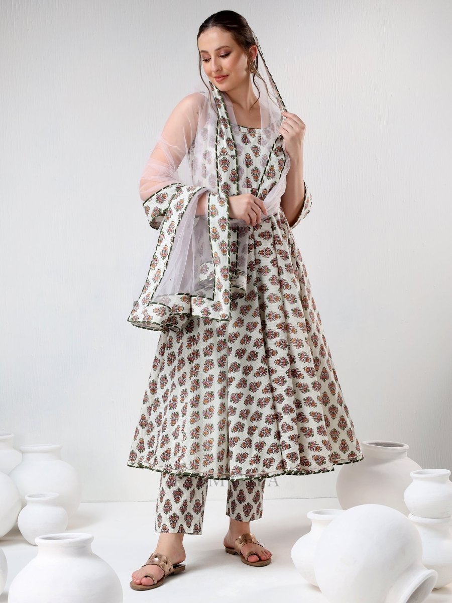 SADABHAR WHITE HAND BLOCK PRINT COTTON ANARKALI SET - Pomcha Jaipur