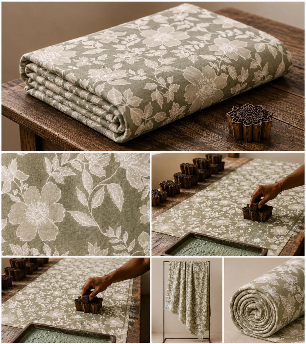 SAGE BLOOM FLORAL COTTON FABRIC - Pomcha Jaipur