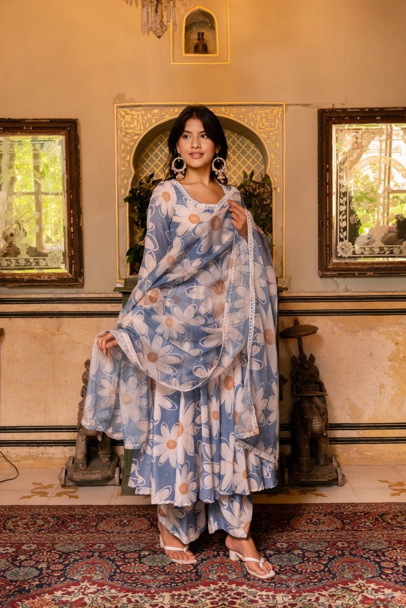 SHUNARI POWDER BLUE WHITE PHOOL MUSLIN SILK ANARKALI WITH ORGANZA DUPATTA - Pomcha Jaipur