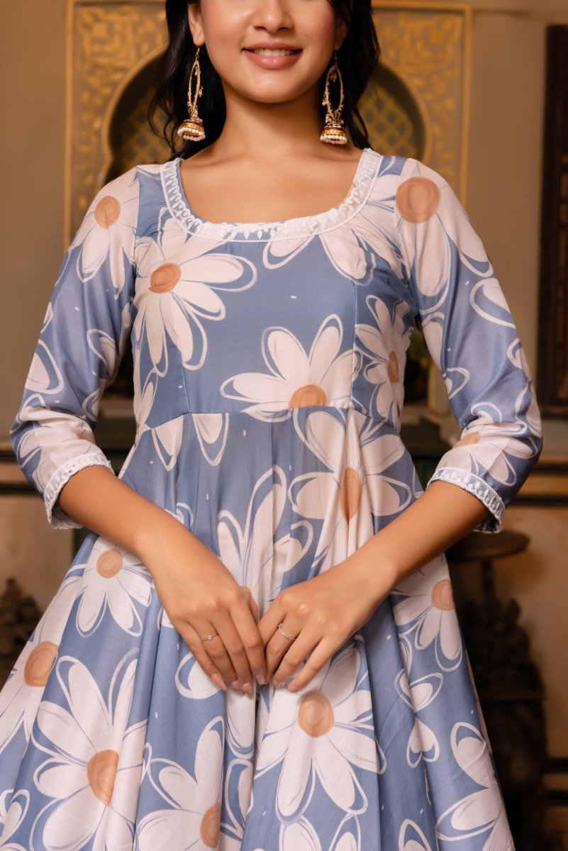 SHUNARI POWDER BLUE WHITE PHOOL MUSLIN SILK ANARKALI WITH ORGANZA DUPATTA - Pomcha Jaipur