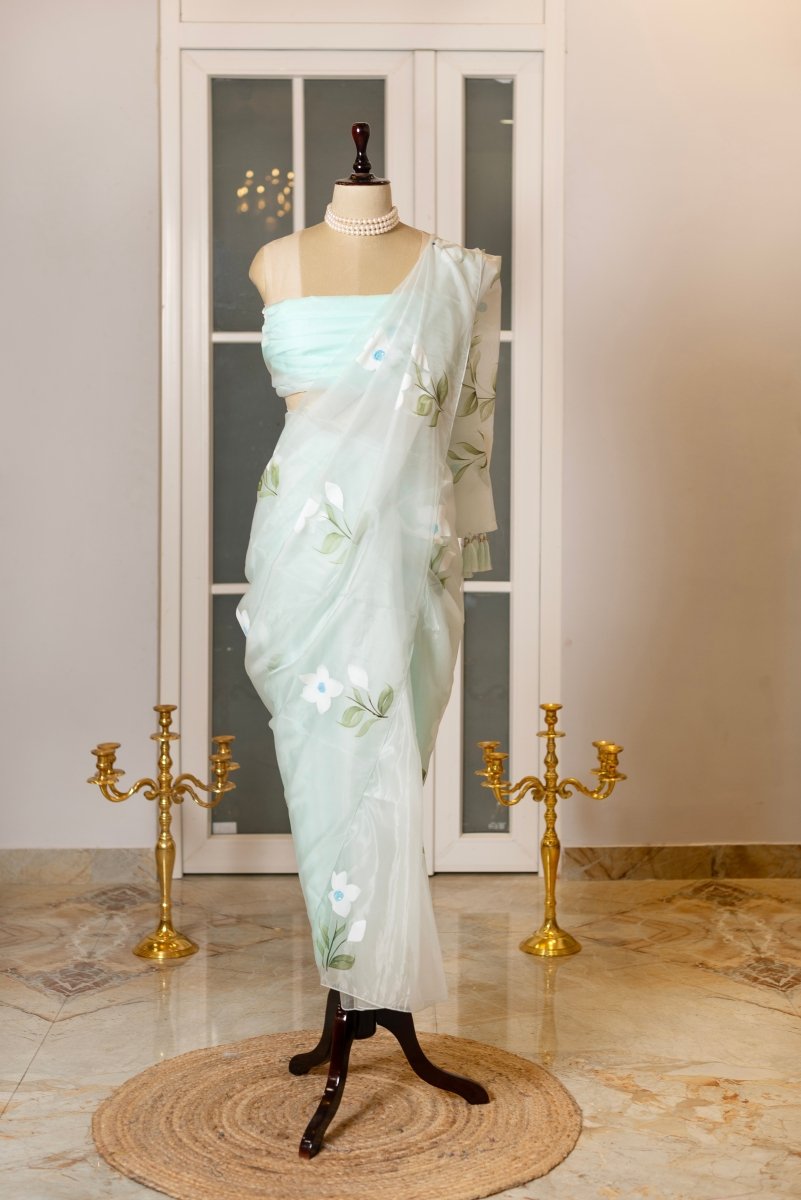 SOOT RAAG AQUA GREEN FLORAL PRINT ORGANZA SAREE WITH ORGANZA BLOUSE PIECE - Pomcha Jaipur