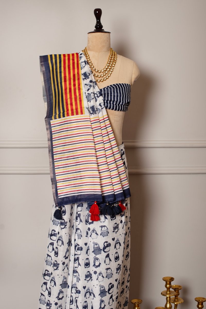 SOOT RAAG BLUE KALI WHITE LINEN SAREE WITH BLUE PRINTED LINEN BLOUSE PIECE - Pomcha Jaipur