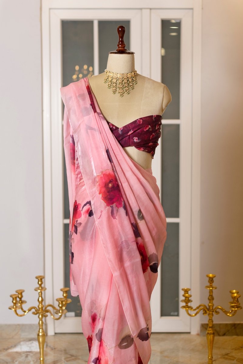 SOOT RAAG BLUSH PINK FLORAL PRINT SATIN SILK SAREE BLOUSE PIECE - Pomcha Jaipur