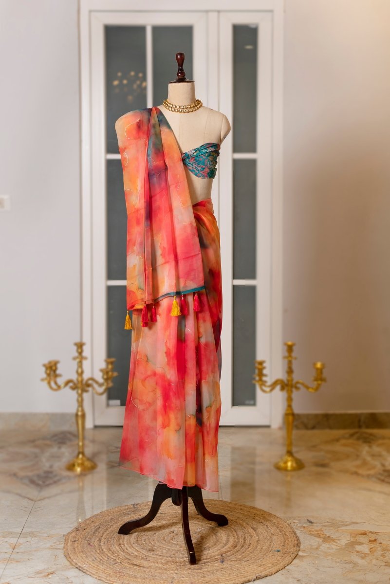 SOOT RAAG CRIMSON ORANGE FLAME ORGANZA SAREE WITH BLUE ORGANZA BLOUSE PIECE - Pomcha Jaipur