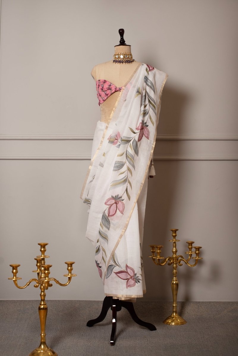 SOOT RAAG FLORAL HAND PAINTED ZARI THREAD WORK LINEN SAREE WITH BLOUSE PIECE - Pomcha Jaipur