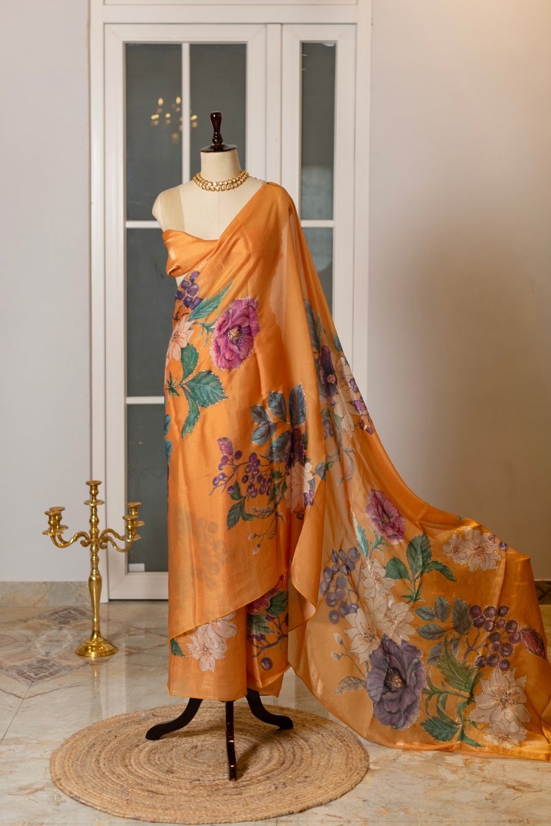 SOOT RAAG GOLDEN BLOOM FINE SATIN SILK SAREE WITH BLOUSE PIECE - Pomcha Jaipur