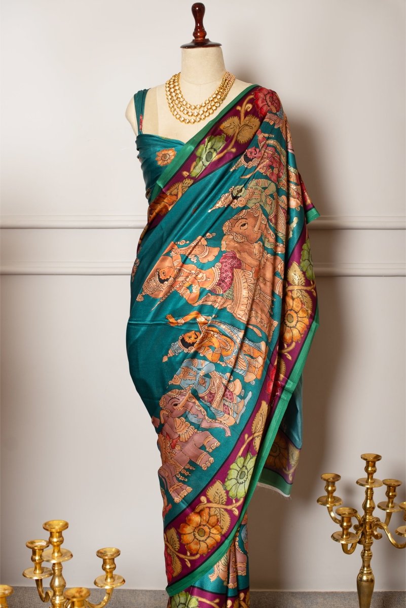 SOOT RAAG GREEN MINIATURE FOIL PRINT SATIN SAREE WITH SATIN BLOUSE - Pomcha Jaipur
